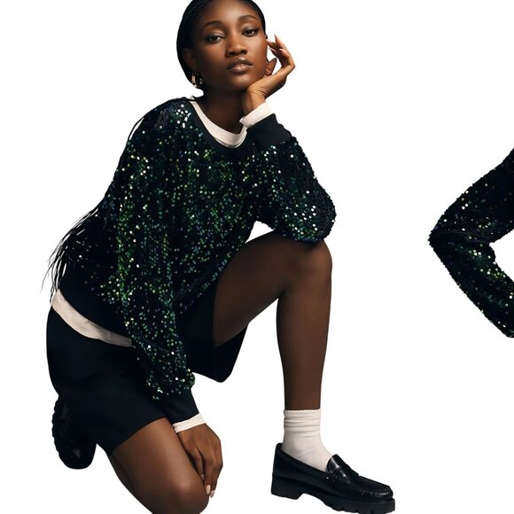 Anthropologie Sweaters - Anthropologie Sequin Velvet Sweatshirt Peacock Green Blue Black Stunning Size S